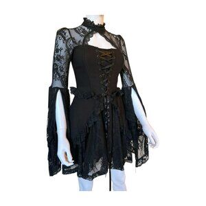 Killstar Black Lace Corset Mini Dress Small Gothic Bell Sleeve Choker